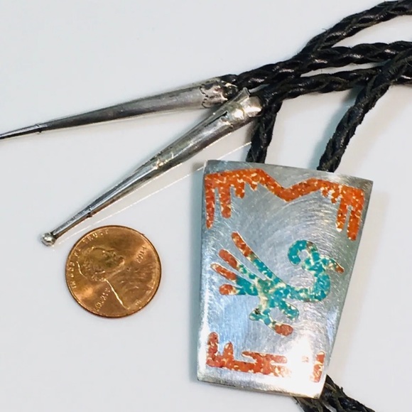 Vintage Sterling Navajo Bennett Road Runner Bolo Tie Turquoise & Red Coral Chip - Picture 11 of 11